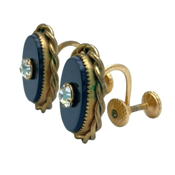 Vintage Art Deco Nouveau Gold Tone Black Rhinestone Screw back Earrings - Picture 3 of 10